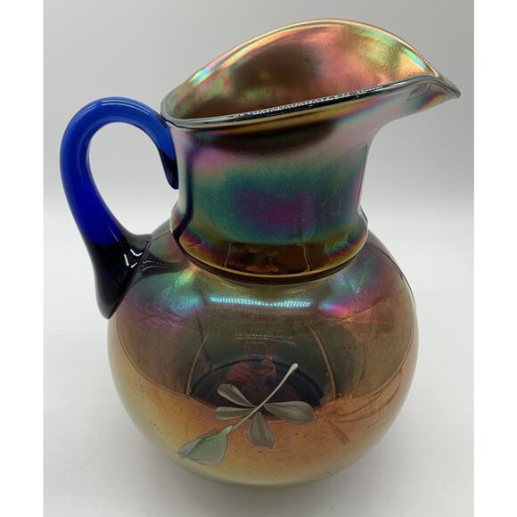 Vintage Cobalt Carnival Glass Cherry Blossom Water Pitcher Irredescent Read!! - Picture 13 of 13